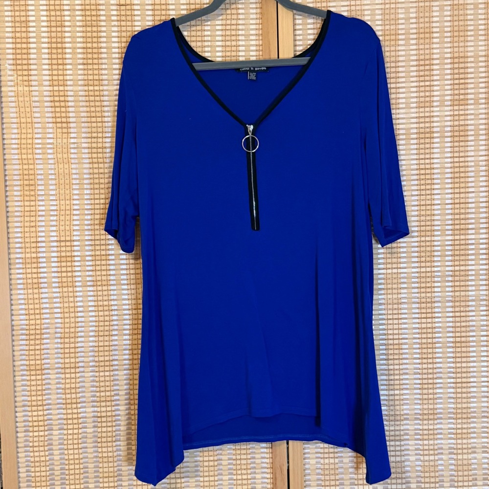 Cable & Gauge Royal Blue V-Neck Zipper Sharkbite Tunic Top XL Minimalist Office